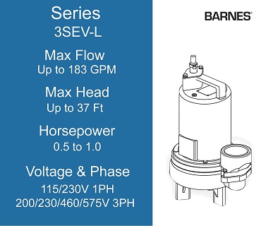 Barnes Sewage Ejector, 3SEV-L Series, 0.5 to 1.0 Horsepower, 115/230 Volts 1 Phase, 200/230/460/575 Volts 3 Phase